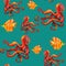 Seamless pattern with red Octopus and yellow coral fish. Hand drawn acrylic paint illustration