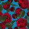 Seamless pattern with red peony roses and green leaves.
