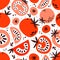 Seamless Pattern of red and pink tomatoes. Slice, half, whole tomato on white background. Healthy vegetables vector
