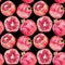Seamless pattern of red pomegranates on black background isolated close up, whole and cut pink pomegranate with seeds ornament