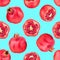 Seamless pattern of red pomegranates on blue background isolated close up, whole and cut pomegranate with seeds repeating ornament