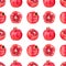 Seamless pattern of red pomegranates on white background isolated close up, whole and cut pomegranate with seeds repeat ornament