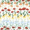 Seamless pattern with red poppies, white chamomile flowers, yellow rudbeckia. Summer flower field, meadow.