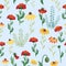 Seamless pattern with red poppies, white chamomile flowers, yellow rudbeckia. Summer flower field, meadow.