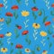 Seamless pattern with red poppies, white chamomile flowers, yellow rudbeckia. Summer flower field, meadow.