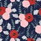 Seamless pattern with red ranunculus, carnation flowers, spiral eucalyptus and dusty miller.