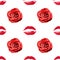 Seamless pattern of red rose flower and lipstick kiss print on white background isolated, roses flowers and lips makeup stamp