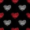 Seamless pattern red & silver hearts made of flower petals black background isolated, heart repeating ornament, valentines day