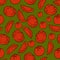 Seamless pattern with red tomatoes on a green background. Vector. Doodle style. Decor element. Suitable for decorating things,