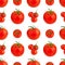Seamless pattern of red tomatoes on white background isolated closeup, whole cherry tomato bunch repeating ornament, print