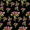 Seamless pattern with red tulips abstract flowers on black