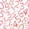 Seamless pattern of red watercolor numbers from zero to nine on the white background. Watercolor background