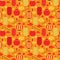 Seamless pattern red and yellow Chinese paper lanterns, Sakura, clouds. Festive Asian background with holiday symbols. Chinese New