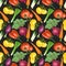 Seamless pattern with red and yellow organic vegetables and herbs tomatos, carrot, beetroot, purple onion