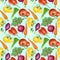 Seamless pattern with red and yellow organic vegetables and herbs tomatos, carrot, beetroot, purple onion