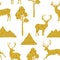 Seamless pattern Reindeer horns mountains trees golden silhouettes vector illustration