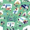 Seamless pattern with relaxing people near camper van, tents in nature outdoors. Women and men spend time together in