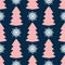 Seamless pattern with repeating colored silhouettes of snowflakes and Christmas trees. New year print.