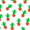 Seamless pattern. Repeating cute  green cactus in a orange pot. White background.