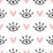 Seamless pattern with repeating eyes and hearts. Modern girly print.