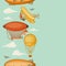 Seamless pattern with retro air transport. Vintage aerostat airship, blimp and plain in cloudy sky