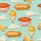 Seamless pattern with retro air transport. Vintage aerostat airship, blimp and plain in cloudy sky