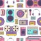 Seamless pattern with retro analog music player, reel-to-reel and cassette recorder, turntable, headphones, microphone