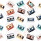 Seamless pattern of retro audio cassettes with different colorful patterns vector illustration on white background