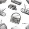 Seamless pattern with retro devices in grayscale