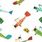 Seamless pattern with retro planes and bags in cartoon style on white background