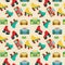Seamless pattern with Retro roller skates icon and Boombox or radio cassette tape player hipster style.