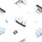 Seamless pattern with retro ships, seagulls and bags in cartoon style on white background