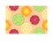 Seamless pattern with ripe, bright, juicy, colorful, large slices of citrus lime, lemon, orange, grapeprut