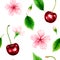 Seamless pattern with ripe cherry, green leaves and pink flowers
