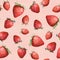 Seamless pattern - ripe strawberry on pink background. Watercolour art