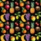 Seamless pattern, ripe watercolor fruits, orange, lemons, banana, coconut, sweet cherry and pineapple