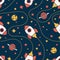 Seamless pattern with rocket, saturn, moon and star. Space background
