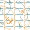 Seamless pattern with ropes, golden chain, tassels, ship wheel, belts and anchor. Marine motifs background.