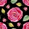 Seamless pattern with rose buds and leaves. Watercolor llustration on black background. For the design of shawl, handkerchief,