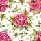 Seamless pattern with rose buds and leaves. Watercolor llustration on white background. For the design of shawl, handkerchief,