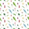 Seamless pattern with rose ringed parrots, tropical leaves, flowers and egg