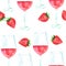 Seamless pattern with rose wine and strawberries, watercolour, repeat print on white