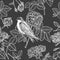 Seamless pattern with roses and birds. Garden roses and swallow.