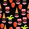 Seamless pattern with round clown faces with shining eyes wearing party hats