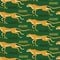 Seamless pattern with running cheetahs, leopards. Repeated exotic wild cats on a green background. Vector illustration