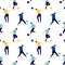 Seamless pattern with running men playing footbal kicking the ball. Bright cartoon silhouette on white backdrop.