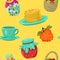 Seamless pattern with russian food and matryoshka. Pancakes and jam are the symbols of the Russian holiday Maslenitsa