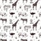 Seamless pattern safari wildlife isolated on white background. African animals giraffe, ostrich, rhinoceros, zebra in engraving