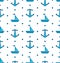 Seamless Pattern with Sail Boats and Anchors, Nautical Blue