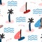 Seamless pattern with sailboats. Marine summer modern background. Vector Illustration